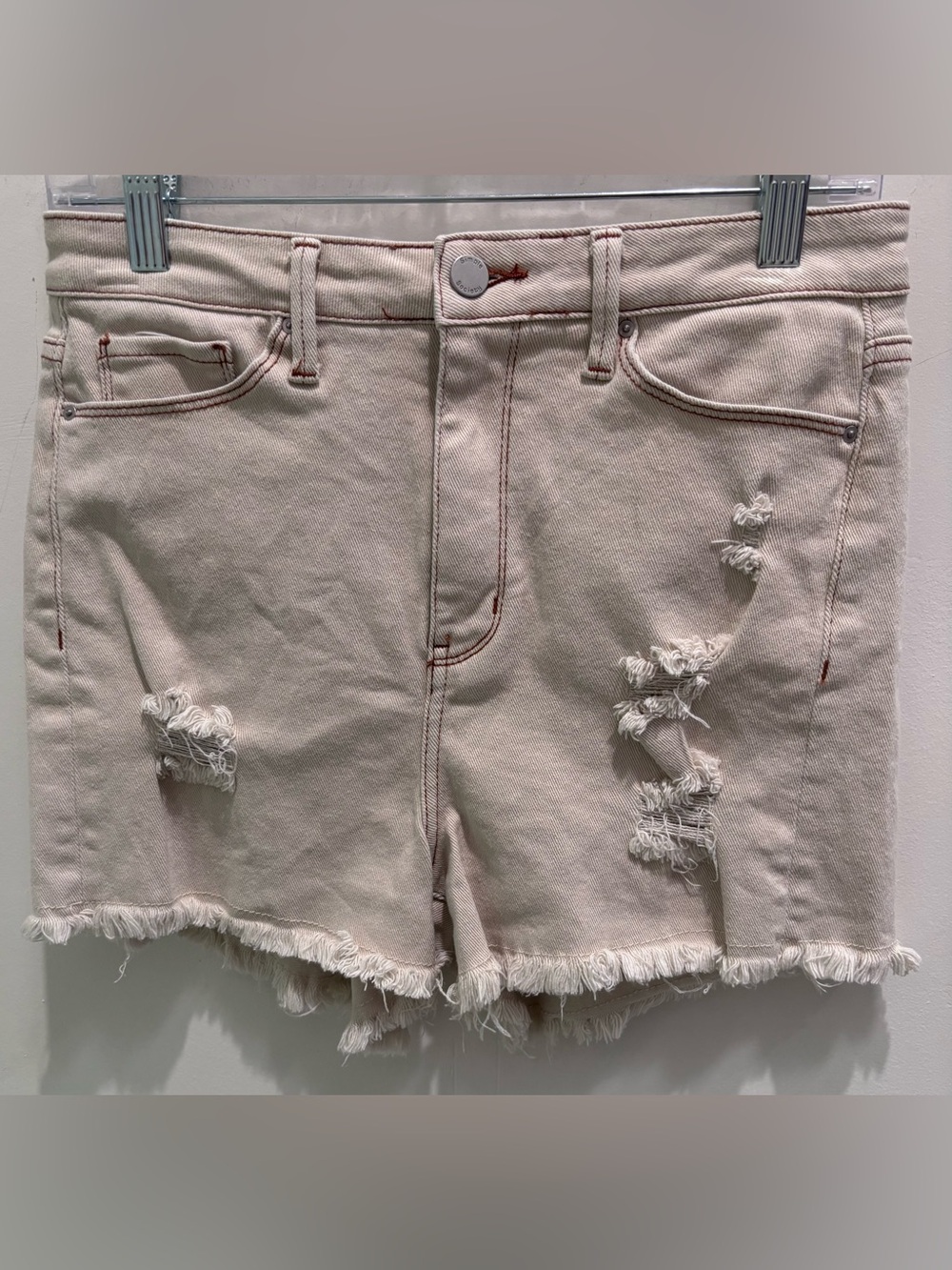 High-Rise Cream Distressed Denim Shorts